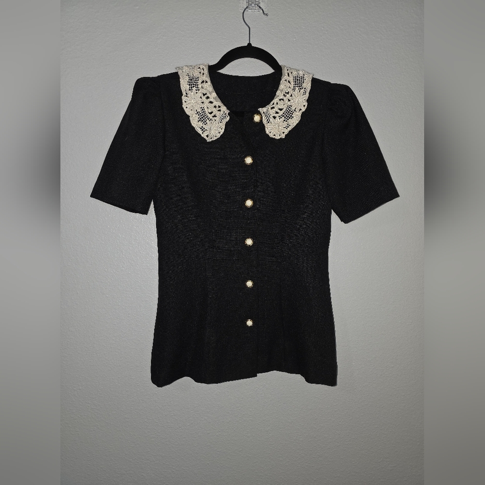 Black Blouse with Lace Collar and Gold Buttons With Matching Skirt